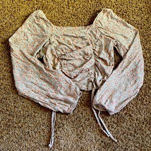 Light green with flowers, Cinched In torso, 2 strings on each side of bottom